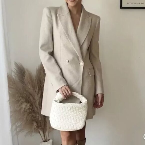 New Zara Double Breasted Lapel Collar Long Taupe Brown Blazer 8370/728/704 Large - Picture 2 of 10